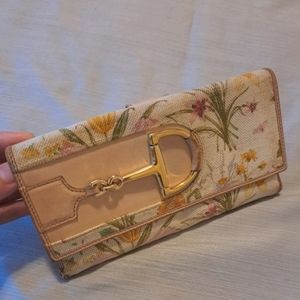Rare GUCCI horsebit continental long canvas wallet beige flora multicolor print